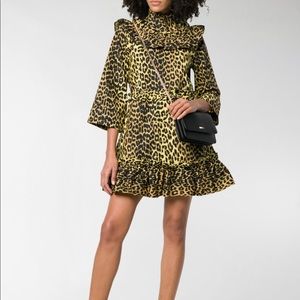 GANNI Ruffle-Neck Leopard-Print Organic-Cotton Dress size XS